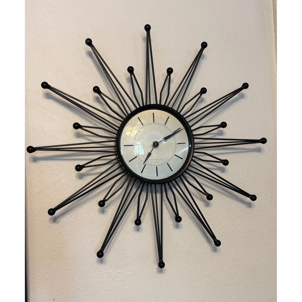 Sterling & Noble Black Starburst Wall Clock Mid Century Modern 18 Inch Retro